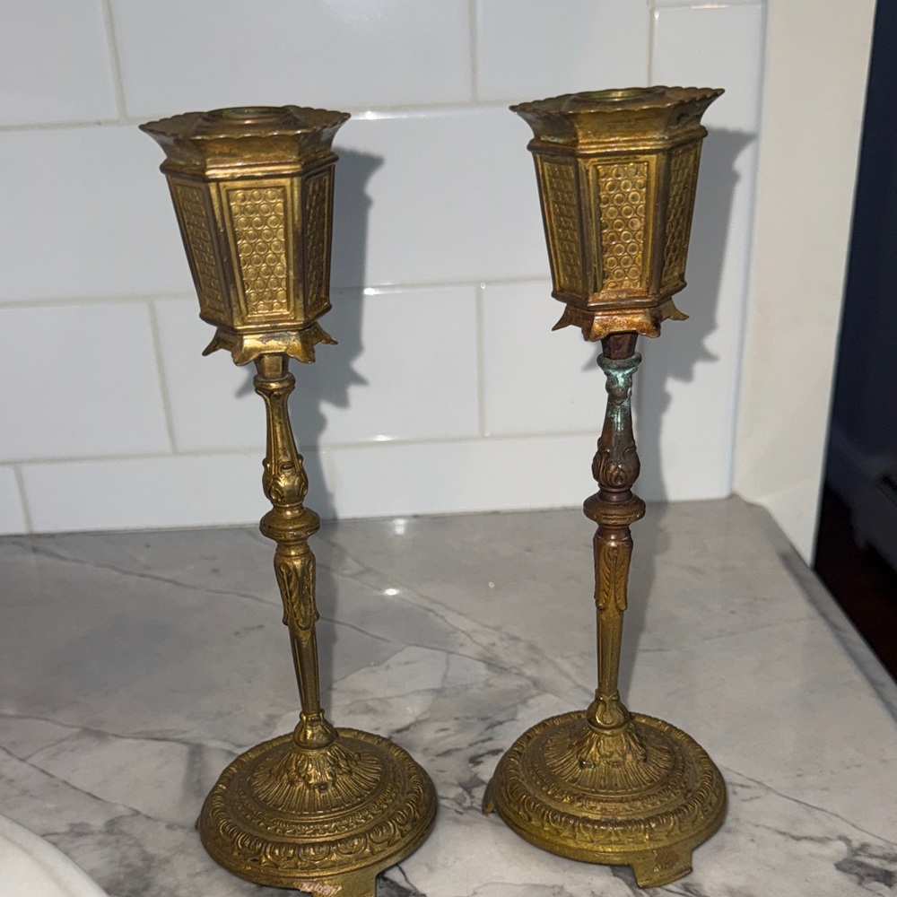Pair of Vintage  Ornate Gilded Bronze Lampost Decor